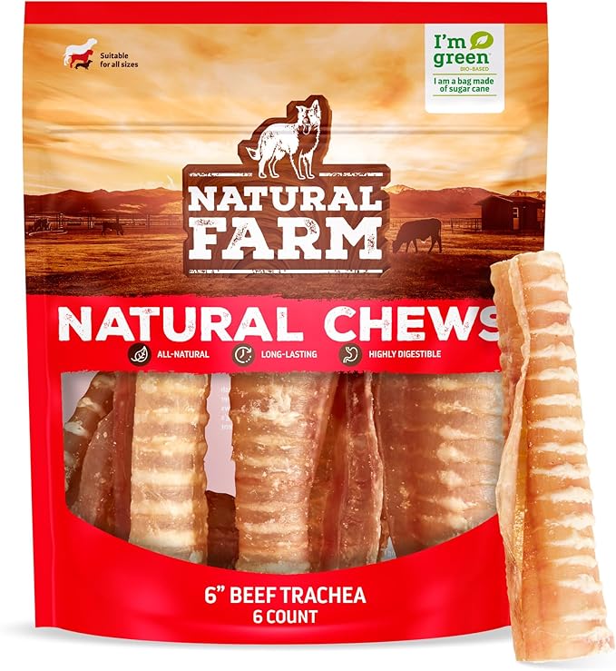 Natural Farm Beef Trachea for Dogs (6 Inch, 6 Pack)- 100% Beef,Odor Free Trachea Dog Chews- Glucosamine & Chondroitin for Joint & Hip Mobility, Bone Strength- Low-Fat Crunchy & Crispy- for All Dogs-Mewly Pet