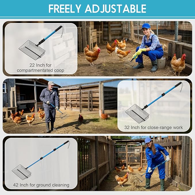 Large Chicken Poop Scooper & Rake: 22"-41" Extendable Long Handle Metal Chicken Coop Scooper with Detachable Heavy Duty Litter Sifting Shovel for Pet Waste | Chicken Coop Accessories-Mewly Pet