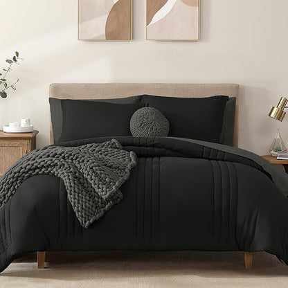 Monbix Full Comforter Set - 7 Pieces Black Bed in a Bag Full Size Bedding Sets with Comforters, All Seasons Down Alternative Comforter with Sheets,Pillowcases & Shams
