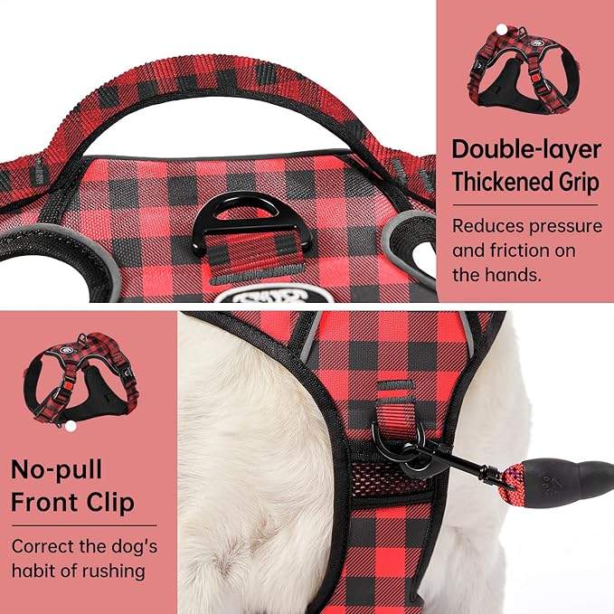 IVY&LANE No Pull Dog Harness with Leash Set, Reflective No Choke Pet Vest,Adjustable Oxford Dog Vest Harness with Easy Control Handle for Large Dogs (Checkered Red,L)-Mewly Pet