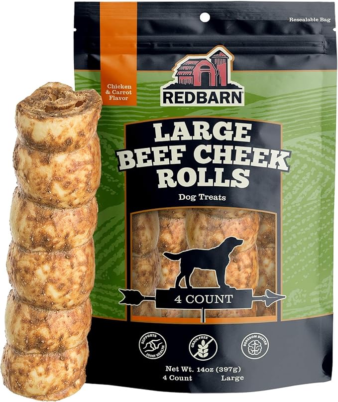 Redbarn Pet Products All-Natural Large Beef Cheek Rolls for Dogs, Chicken & Carrot Glazed - Single Ingredient Grain-Free Chew Treat Naturally Rich in Collagen - Packaging May Vary, Pack of 4-Mewly Pet