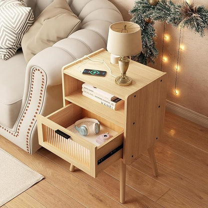 Mid Century Modern Nightstand with Charging Station, Bedside Tables with Glass Drawer, End Table Side Table with 2 Tiers Storage Space, for Bedroom, Living Room, Natural
