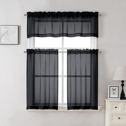 Aiyufeng Kirei Faux Linen Black Sheer Kitchen Valance Curtain 14 Inch Length, Soft Breathable Slub Textured Valance for Small Windows Farmhouse Basement Bedroom, 60X14 Inch, 1 Piece, Black