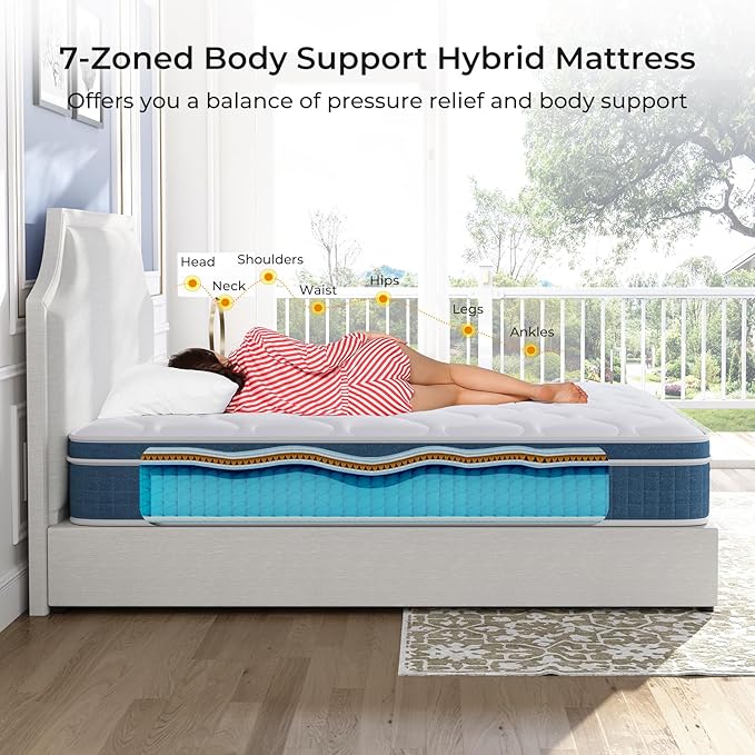 koorlian Queen Mattress 12 Inch, Hybrid Queen Bed Mattress with Individual Pocket Springs and Pressure-Relieving Memory Foam, Breathable, Medium Firm Mattress in a Box Queen Size 80"x60"x12"