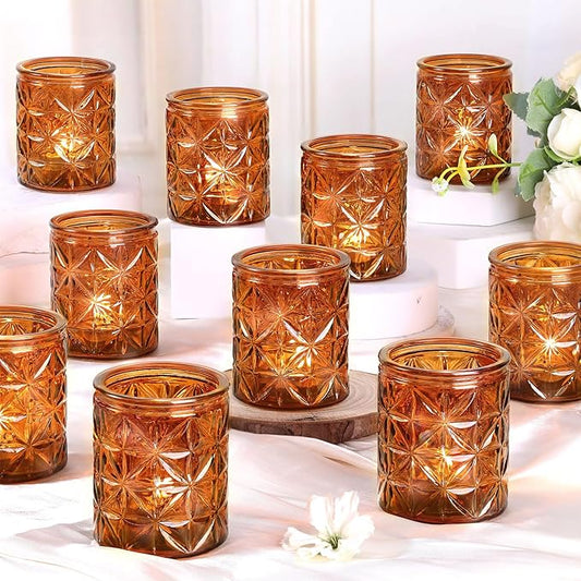 24Pcs Vintage Amber Votive Candle Holders, Amber Glass Tea Lights Candle Holder for Wedding Table Centerpiece,Vintage Boho Party Home Fall Decor,Thanksgiving and Christmas