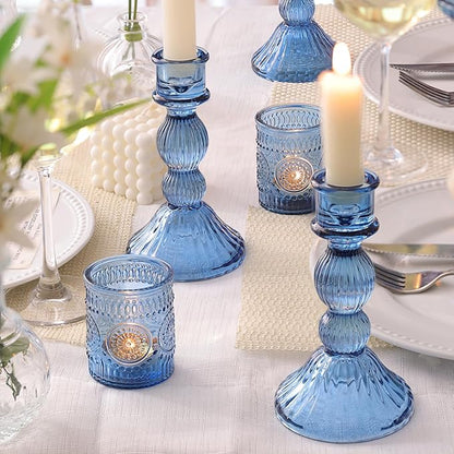 DARJEN Blue Candlestick Holders Set of 4 - Vertical Stripe Glass Candle Holders for Candlesticks and Taper Candles, Taper Candle Holder for Wedding Shower, Party, Dinner Table Decor