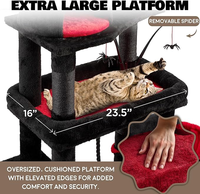 Large Cat Tree Tower for Large Cats, Cat Scratching Post, Self Grooming Post, Interactive Cat Toys, Oversized Perch and Basket, Heavy Duty 72", Black and Red-Mewly Pet