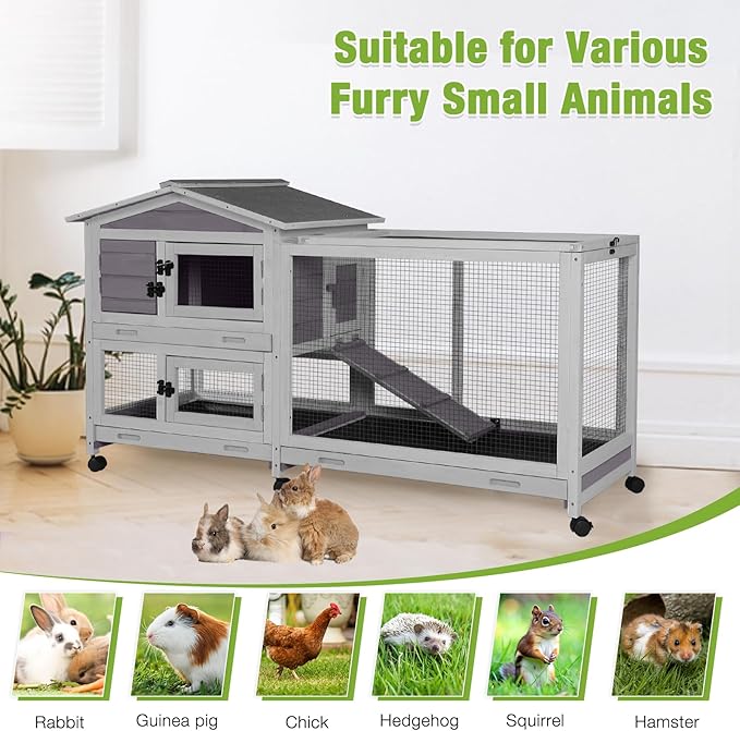 GUTINNEEN Rabbit Hutch Indoor with Chew-Proof Ramp, 62" L Wooden Rabbit Cage with 6 Casters, Bunny Cage with 2 Trays and 2 Story for Small to Medium Animals (Gray)-Mewly Pet