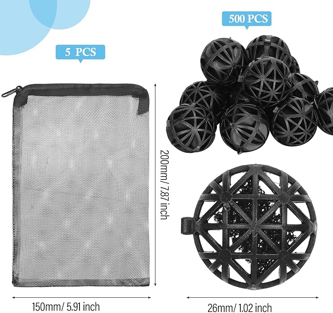500 Pieces Bio Filter Balls Black Bio Balls for Aquarium Filter Pond Filter 1.02 Inch Internal Bioballs Filter Media with 5 Pieces Aquarium Filter Media Bags Mesh Bags with Zipper for Fish Tank Pond-Mewly Pet