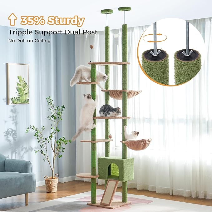 Floor to Ceiling Cat Tree Tall Cat Tower with Adjustable Height (81.8-108 Inches) with Fully Scratching Post Private Condo and Hammock for Indoor Cats (Green, Triple Dule Posts)-Mewly Pet