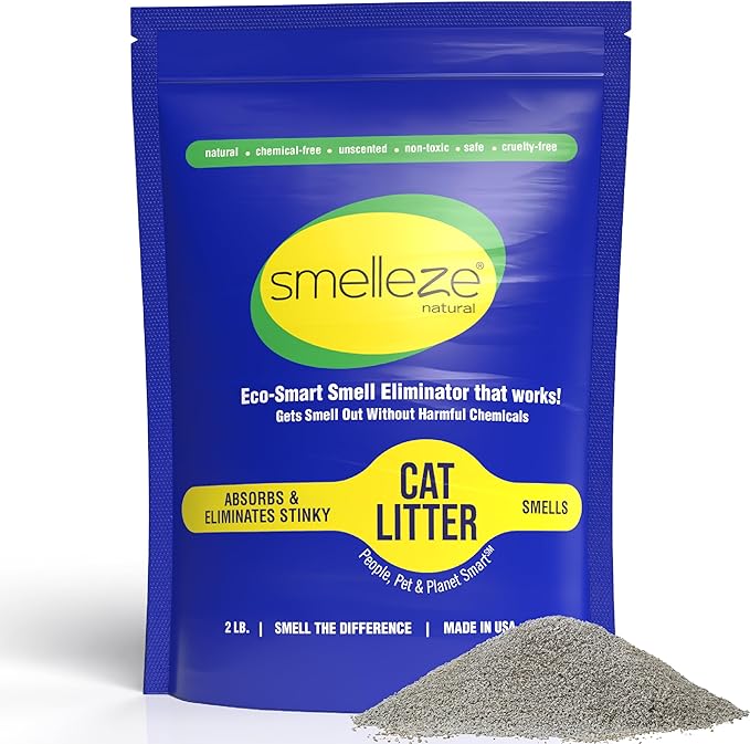 SMELLEZE Natural Cat Litter Deodorizer and Litter Box Odor Eliminator Additive for Strong Smells Unscented Kitty Litter Smell Control Safe Long-Lasting Granules for Multi Cat Homes 2 lb-Mewly Pet