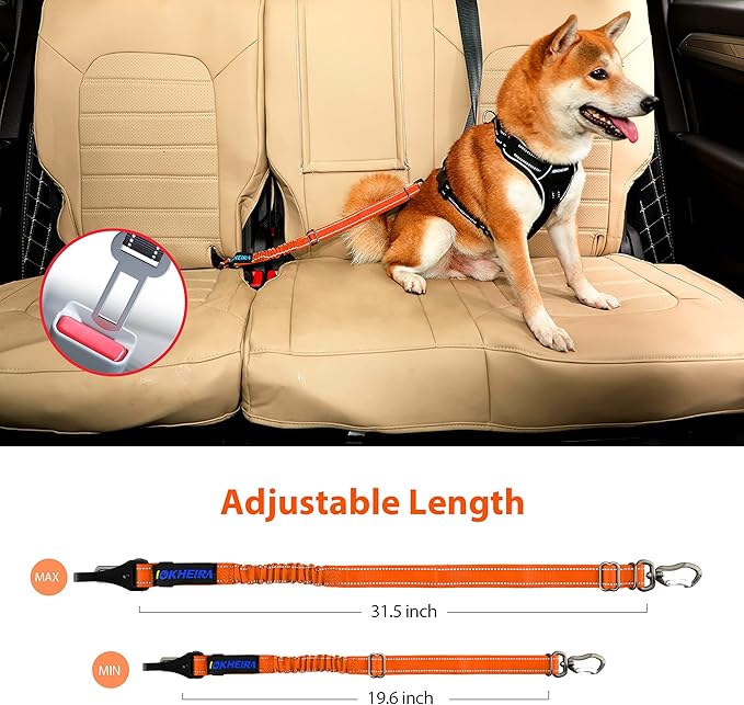 IOKHEIRA Orange Dog Seatbelt - Adjustable Reflective Bungee Harness with Aluminum Swivel Carabiner-Mewly Pet