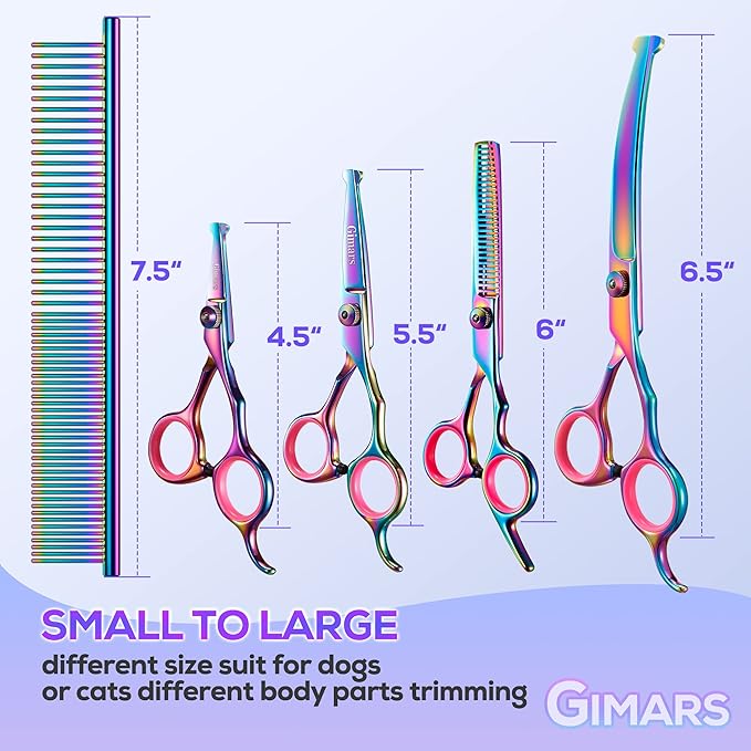 Gimars Professional 4CR Stainless Steel 6 in 1 Grooming Scissors for Dogs with Safety Round Tip, Heavy Duty Titanium Coated Pet Grooming Scissor for Dogs, Cats and Other Animals-Mewly Pet
