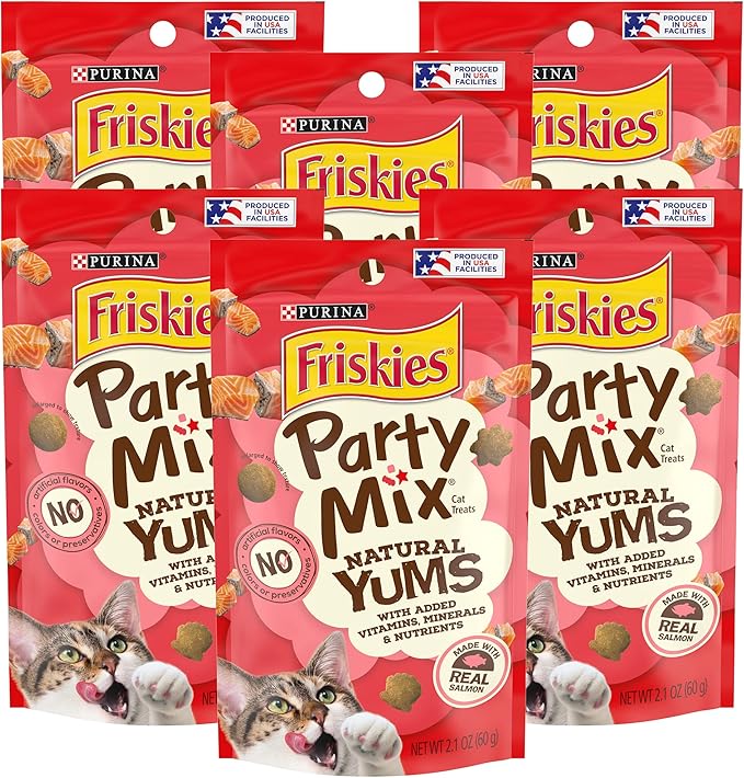Purina Friskies Party Mix Cat Treats (Natural YUMS Salmon, 2.1 Ounce (Pack of 6))-Mewly Pet
