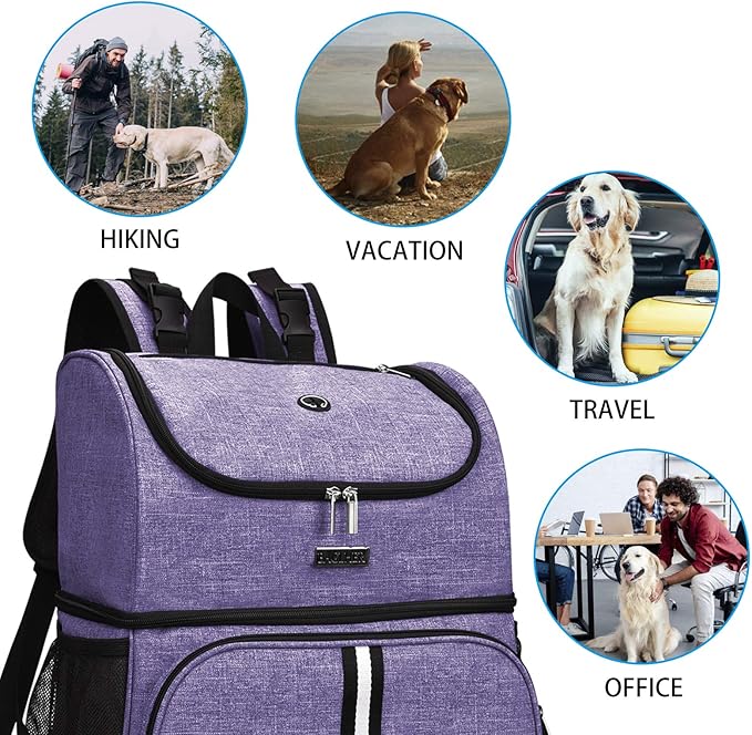 BAGLHER Pet Travel Bag, Double-Layer Pet Supplies Backpack (for All Pet Travel Supplies), Pet Travel Backpack with 2 Silicone Collapsible Bowls and 2 Food Baskets Purple-Mewly Pet