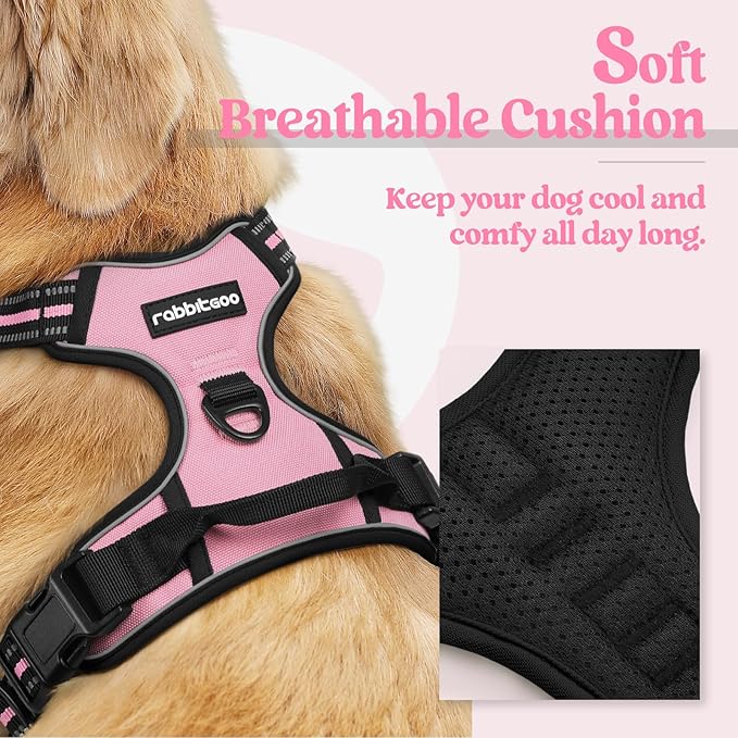rabbitgoo Dog Harness No Pull with 2 Leash Clips, Adjustable Soft Padded, Reflective Oxford No Choke Pet Vest with Easy Control Handle for Large Dogs, Pink, L-Mewly Pet