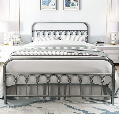 YALAXON Vintage Sturdy Queen Size Metal Bed Frame with Headboard and Footboard Basic Bed Frame No Box Spring Needed (Queen, Gray Silver)