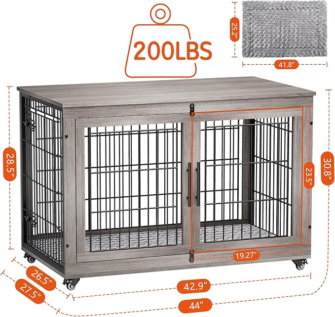 Lulive Dog Crate Furniture, XL Wooden Dog Kennel Indoor Double Doors Dog Cage, 44'' Heavy Duty Dog Crate with Cushion & Wheels, Decorative End Table Chew-Resistant for Extra Large/Medium, Grey-Mewly Pet