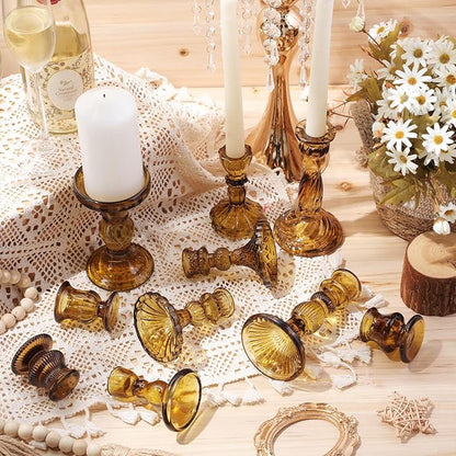Mumufy 10 Pcs Glass Crystal Taper Candle Holders Clear Glass Candlestick Holder Fit 0.8 Inch Candles Crystal Decorative Candle Stand Centerpiece Table Wedding Dining Party (Classic,Brown)
