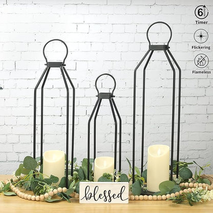 Perfnique Modern Farmhouse Lanterns, Set of 3 Black Metal Lanterns w/ 6hr Timer Flickering Flameless Candles, Decorative for Outdoor Decor, Front Porch, Indoor, Patio, Garden, Fireplace, Christmas