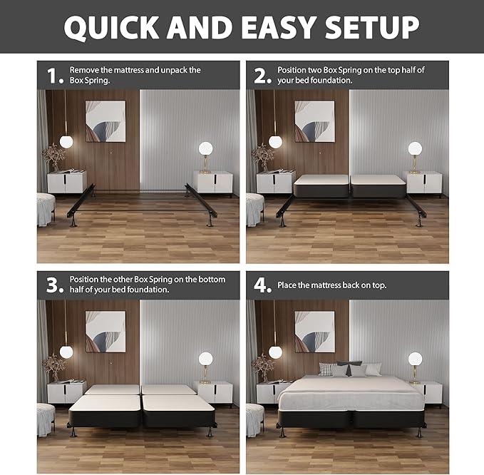 Treaton, 4-Inch Sturdy Wood Box Spring for Mattress Support - Durable and Fully Assembled, Natural Wood Foundation for King(Fold), Gray