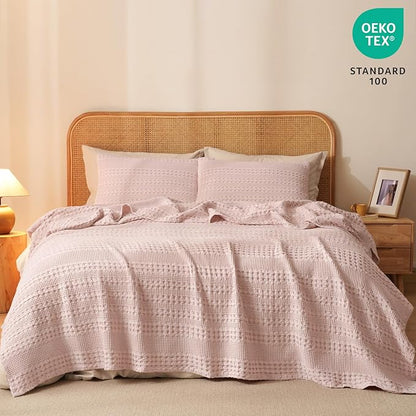 PHF 100% Cotton Waffle Weave Blanket Twin Size for Bed, Soft Lightweight & Breathable, All-Season Comfort, Luxury Aesthetic Woven Bedding for Home Decor, 66"x90", Pink/Mauve