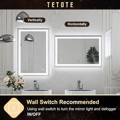 TETOTE LED Bathroom Mirror with Lights Brushed Nickel Metal Framed 40x24 Frontlit & Backlit Silver Vanity Mirror Baroque Antifog Stepless Dimmable White/Warm/Natural,Wall Mounted(Horizontal/Vertical)
