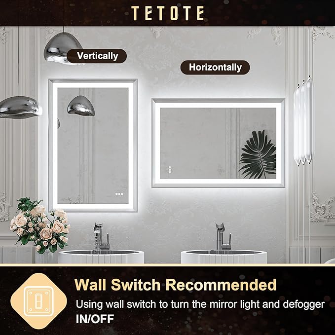TETOTE Brushed Silver LED Bathroom Mirror with Lights 42x36 Front & Back Light Vanity Framed Mirror Baroque Anti Fog Dimmable White/Warm/Natural,CRI90+,Waterproof,Wall Mounted(Horizontal/Vertical)