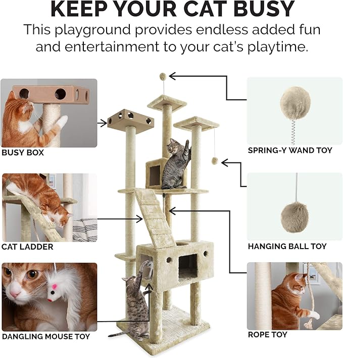 Furhaven 69.3" Tall Cat Tree for Indoor Cats, Ft. Sisal Scratching Posts, 2x Cat Condos, & Toys - Tiger Tough Double Decker Interactive Playground Tower - Cream, One Size-Mewly Pet