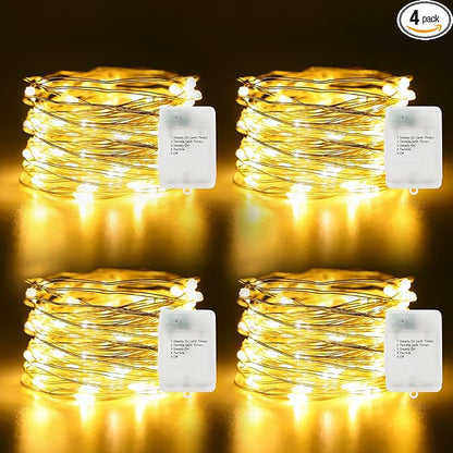 4 Pack Timer Fairy Lights Battery Operated 16.4Ft 50 LEDs Silver Copper Wire Christmas Twinkle Lights with 5 Lighting Modes for Indoor Outdoor Wedding Holiday Yard Decorations (Warm White)