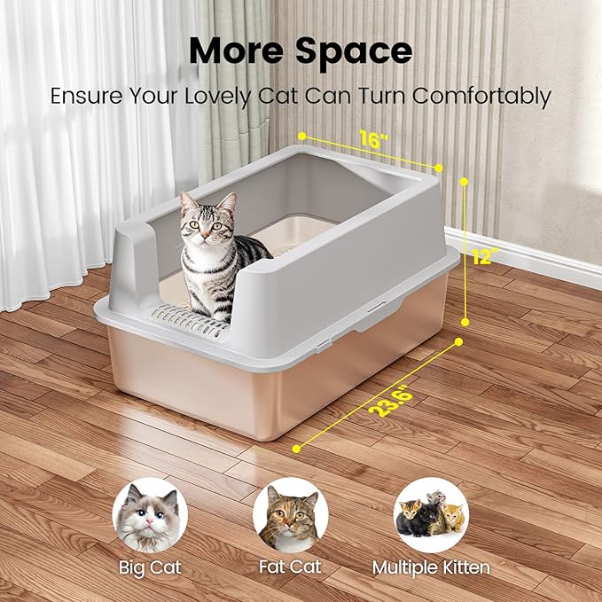 2 Pack Stainless Steel Cat Litter Box - Enclosed XL Metal Kitty Litter Box with Lid for Big Cats, High Sided, Anti-Leakage, Easy Cleaning, Non-Sticky, Included Cat Litter Spoon-Mewly Pet
