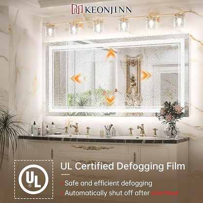 Keonjinn LED Bathroom Mirror 48" x 24" with Frontlit and Backlit, Stepless 3 Colors Temperature & Dimmable Wall Mirror, Tempered Glass, UL Listed LED Driver, Double LED Strips Lighted Vanity Mirror