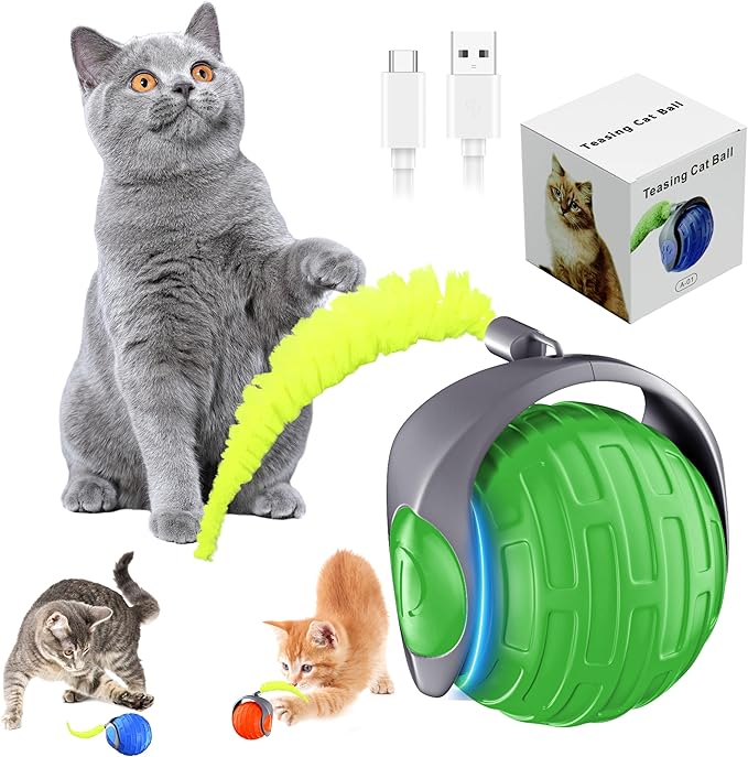 Cat Toys,Interactive Cat Toys Ball for Bored Indoor Cat,Automatic Rolling,Drop Resistant and Obstacle Avoidance,2 Modes Adjustment,Fluffy Tail and USB Type-C Rechargeable（Green）-Mewly Pet