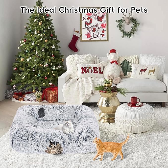 Extra Large Cat Tunnel Bed, 4 Ways Tunnels for Indoor Cats, Multi-cat Family Peekaboo Cave & Cat Bed, Plush Cat Donut with Washable Middle Mat, Exit Balls, Pet Play Toy for Kitten Puppy Rabbit-Mewly Pet