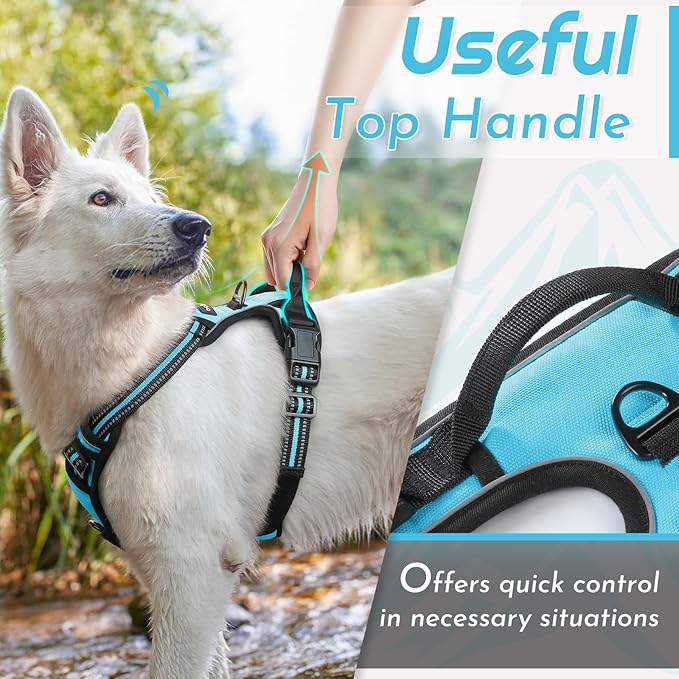 Eagloo Dog Harness for Large Dogs, No Pull Service Vest with Reflective Strips and Control Handle, Adjustable and Comfortable for Easy Walking, No Choke Pet Harness with 2 Metal Rings, Sky Blue, L-Mewly Pet