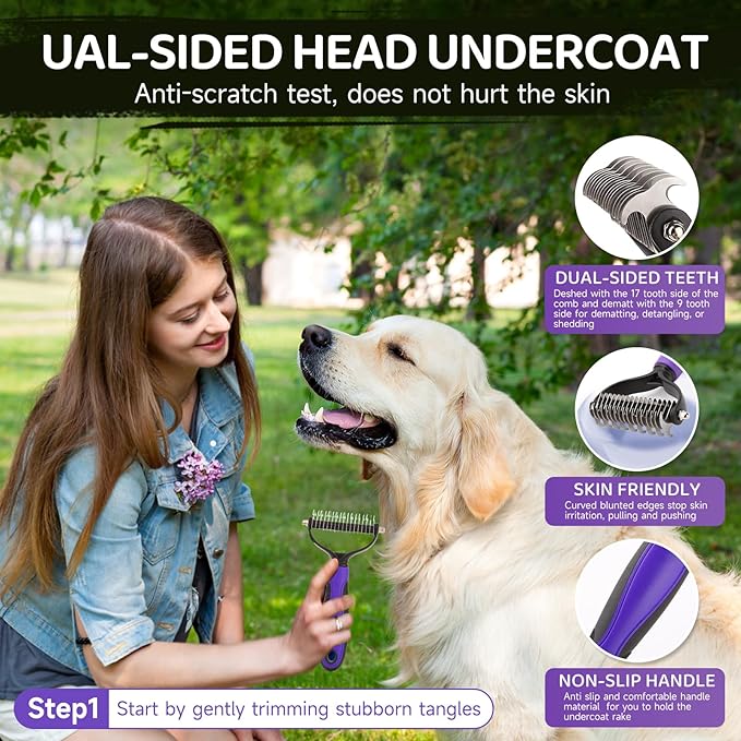 Dog Brush Kit – 3 PCS Grooming Set with Self-Cleaning Brush, Undercoat Rake & Pet Bath Brush. Great for Shedding, Tangles & Dirt Removal – Ideal for Long & Short Haired Dogs & Cats, Purple-Mewly Pet