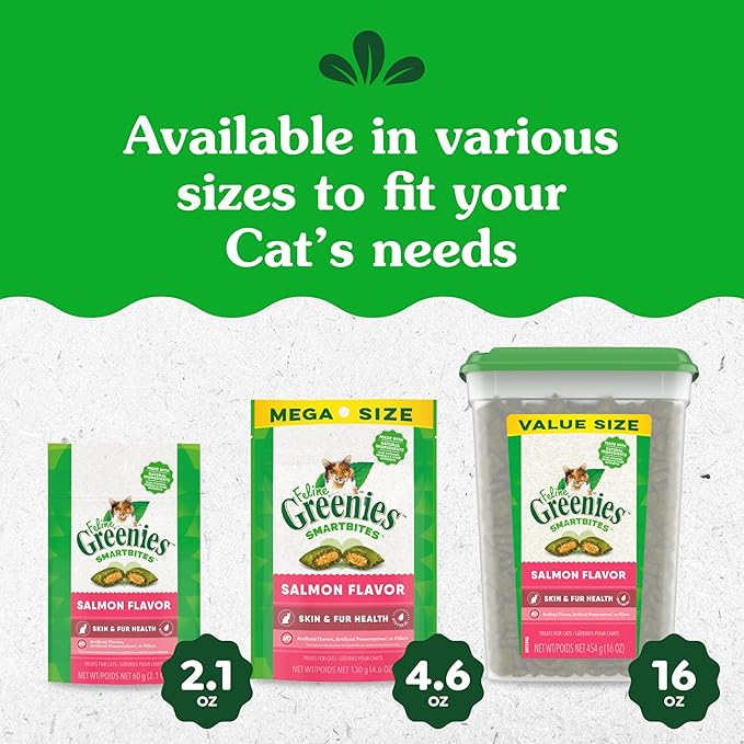 Greenies Feline Smartbites Skin & Fur Health Crunchy and Soft Cat Treats, Salmon Flavor, 16 oz. Tub-Mewly Pet