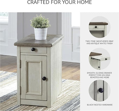 Signature Design by Ashley Bolanburg Farmhouse Chair Side End Table with Outlets and USB Ports, Antique Cream & Brown