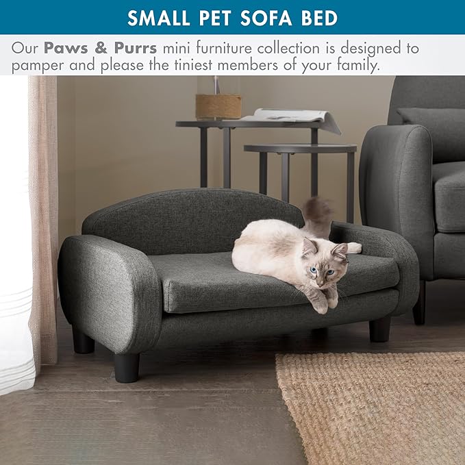 Paws & Purrs Cat Sofa Bed, Pet Couch for Indoor Cats Elevated Cat Beds with Removable Washable Mattress Cover for Kitten, Puppy or Small Animal- 31.5" Wide, Gray-Mewly Pet