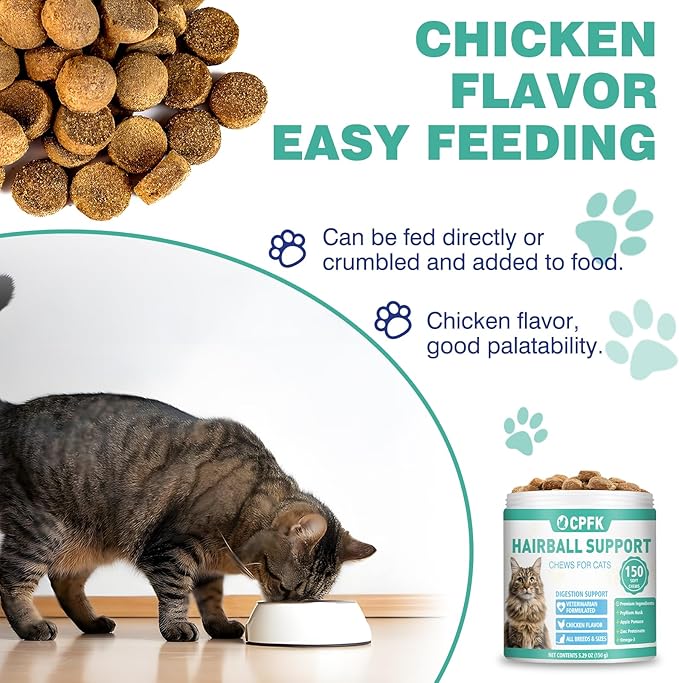Cat Hairball Remedy Treats, 150 Soft Chews Cat Hair Ball Treatment Furball Control Relief Helps Eliminate and Prevent Hairballs for Indoor Cats Supports Skin and Coat Digestion Chicken Flavor-Mewly Pet