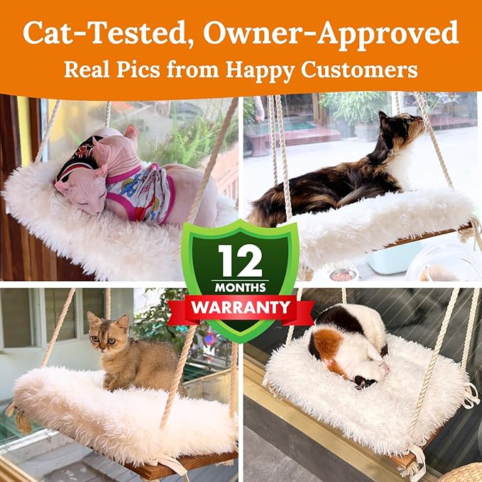Cat Window Perch - Hammock Bed for Cats Inside - Solid Wood Seat, 4 Strong Suction Cups, Soft Cushion - Rustic Indoor Pet Shelf-Mewly Pet