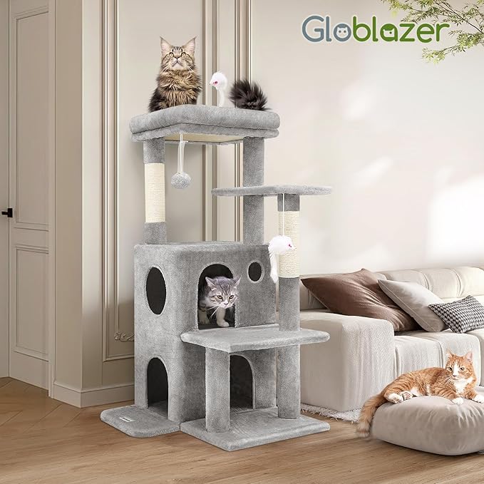 Globlazer Cat Tree Tower for Indoor Cats, 50-inch Adult Cat Tree House for Large Adult Cats with Steps, Scratching Post, 2 Cat Caves, Dangling Toys, FC50, Light Grey-Mewly Pet