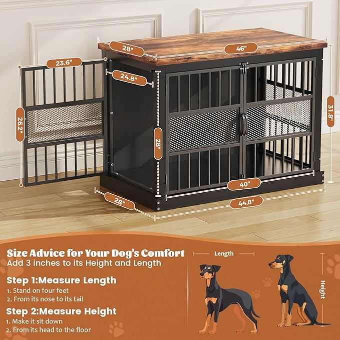 VOPEAK 46" Dog Crate Furniture, Chew Resistant Large Dog Crate for Medium Large Dogs, Heavy Duty XL Dog Crates Dog Kennel Cage Indoor with Double Doors, End Table for Bedroom Living Room, Black-Mewly Pet