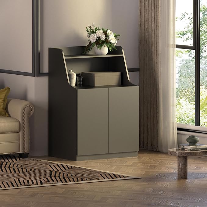 Large/Tall Litter Box Enclosure, Modern Wooden Litter Box Furniture for XL Litterbox with Open Shelf as Sideboard Cabinet (Black)-Mewly Pet