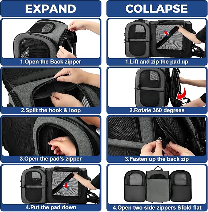 Apollo Walker Pet Carrier Backpack for Large/Small Cats and Dogs, Puppies, Safety Features and Cushion Back Support for Travel, Hiking, Outdoor Use (Gray-Expandable)-Mewly Pet