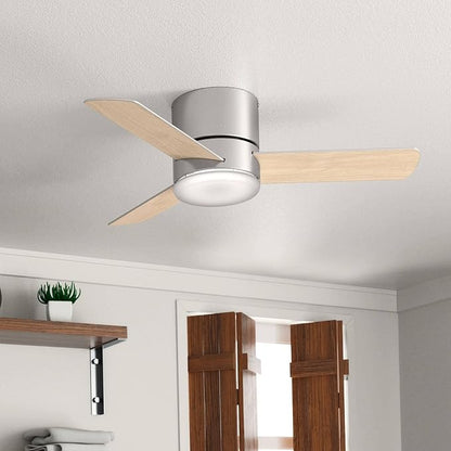 Hunter 44 inch Indoor Ceiling Fan with Light and Remote Control - For Bedroom or Living Room, Low Profile Mount, Modern Ceiling Fan with LED Light, Quiet, 3 Blades - Minimus 59454, Brushed Nickel