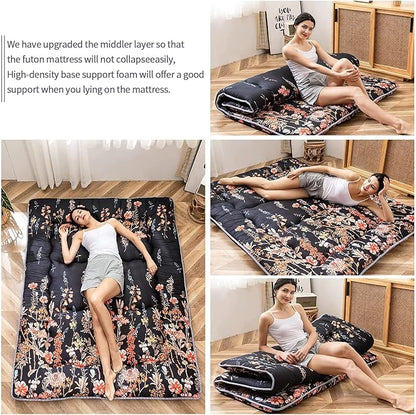 MAXYOYO Black Floral Japanese Futon Floor Mattress, Bed Mattress Topper Portable Thick Sleeping Pad Floor Bed Roll Up Camping Mattress Folding Couch Bed Mattress Pad for Guest Room King