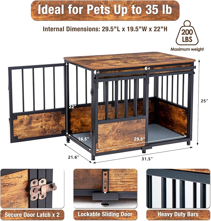KOOPRO 32 Inch Dog Crate Furniture with Cushion for Large Medium Dogs, Wooden Heavy Duty Dog Kennel with Double Doors, Decorative Pet House Dog Cage Side End Table Indoor, Sliding Door Chew-Resistant-Mewly Pet