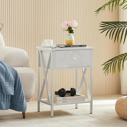 VECELO Nightstands Set of 2, Modern Bedside End Tables, Night Stands with Drawer and Storage Shelf for Living Room Bedroom, Industrial Metal Frame