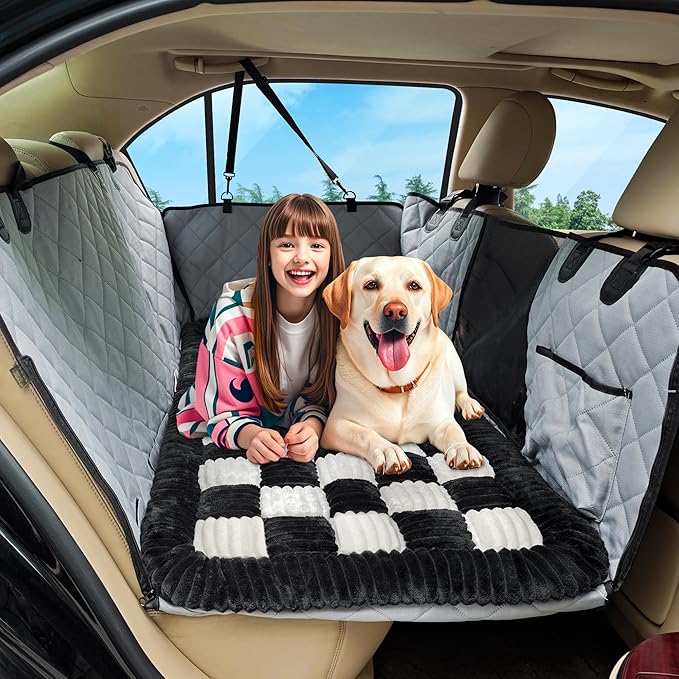 Dog Car Bed Mat, Non-Slip Backseat Extender Pet Blanket, Plaid Dog Bed for Trucks, Sedans & Large SUVs, Chew-Resistant Travel Pad for Dogs, Easy Clean & Scratch-Proof & Comfort (56"x28.7")-Mewly Pet
